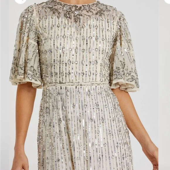 New Mac Duggal Silver Flounce Sleeve Midi Dress 5579 Size 4 - Picture 3 of 11